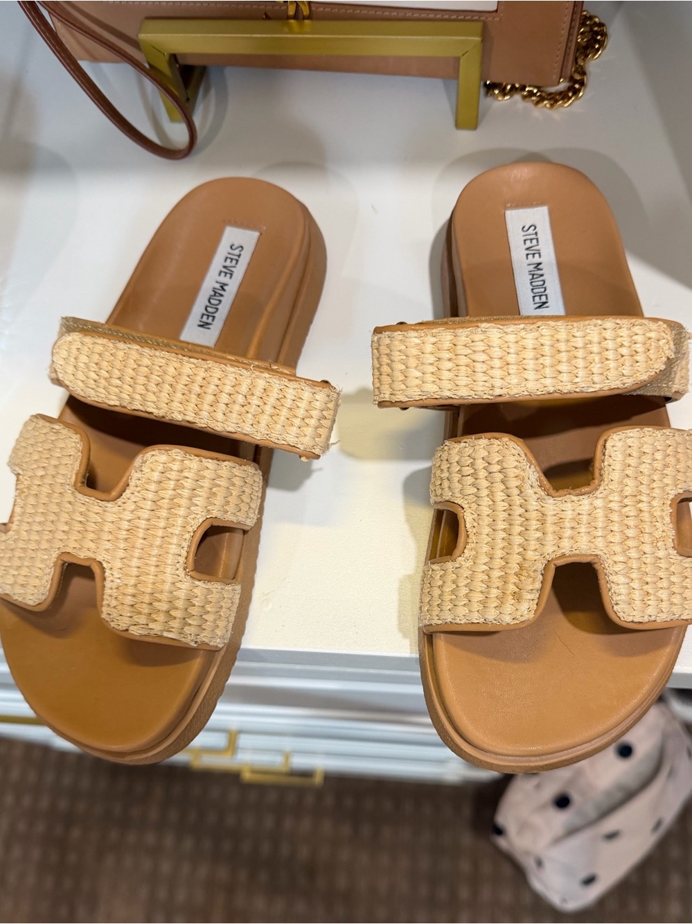 Steve Madden Tan Raffia Double-Strap Slide Sandals - Picture 4 of 4